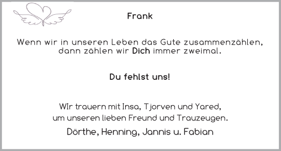 Traueranzeige von Frank Wellmann von Nordwest-Zeitung