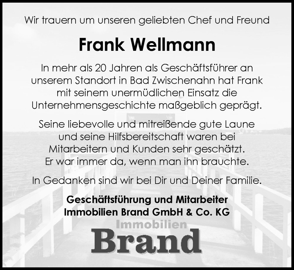  Traueranzeige für Frank Wellmann vom 06.02.2026 aus Nordwest-Zeitung