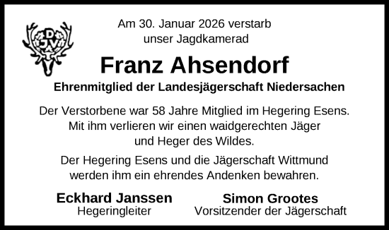 Traueranzeige von Franz Ahsendorf von WZ/JW/AH