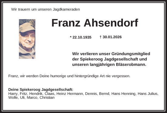 Traueranzeige von Franz Ahsendorf von WZ/JW/AH