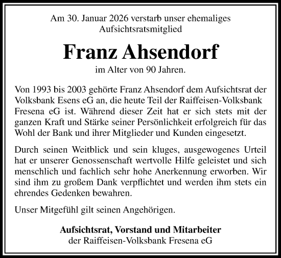 Traueranzeige von Franz Ahsendorf von WZ/JW/AH