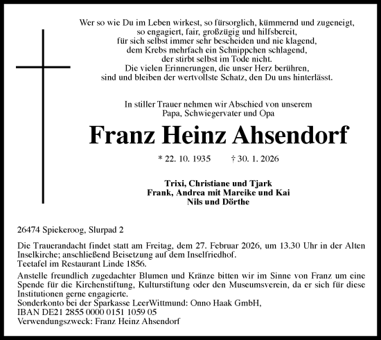 Traueranzeige von Franz Heinz Ahsendorf von WZ/JW/AH