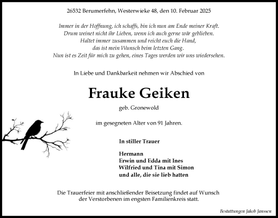 Traueranzeige von Frauke Geiken von Emder Zeitung