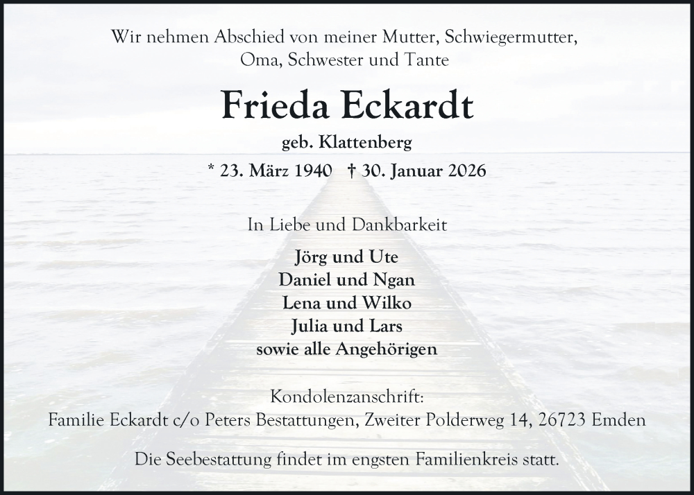  Traueranzeige für Frieda Eckardt vom 07.02.2026 aus Emder Zeitung