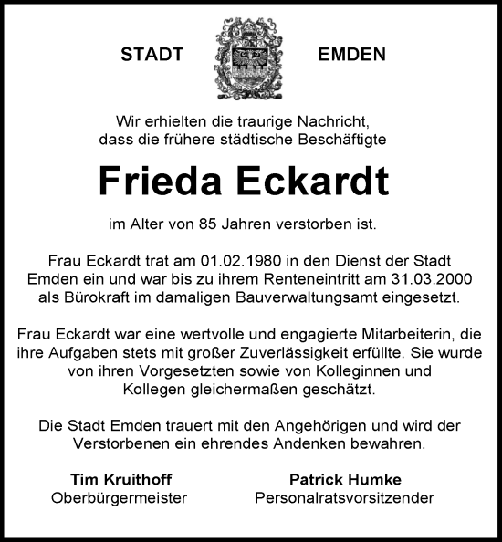 Traueranzeige von Frieda Eckardt von Emder Zeitung