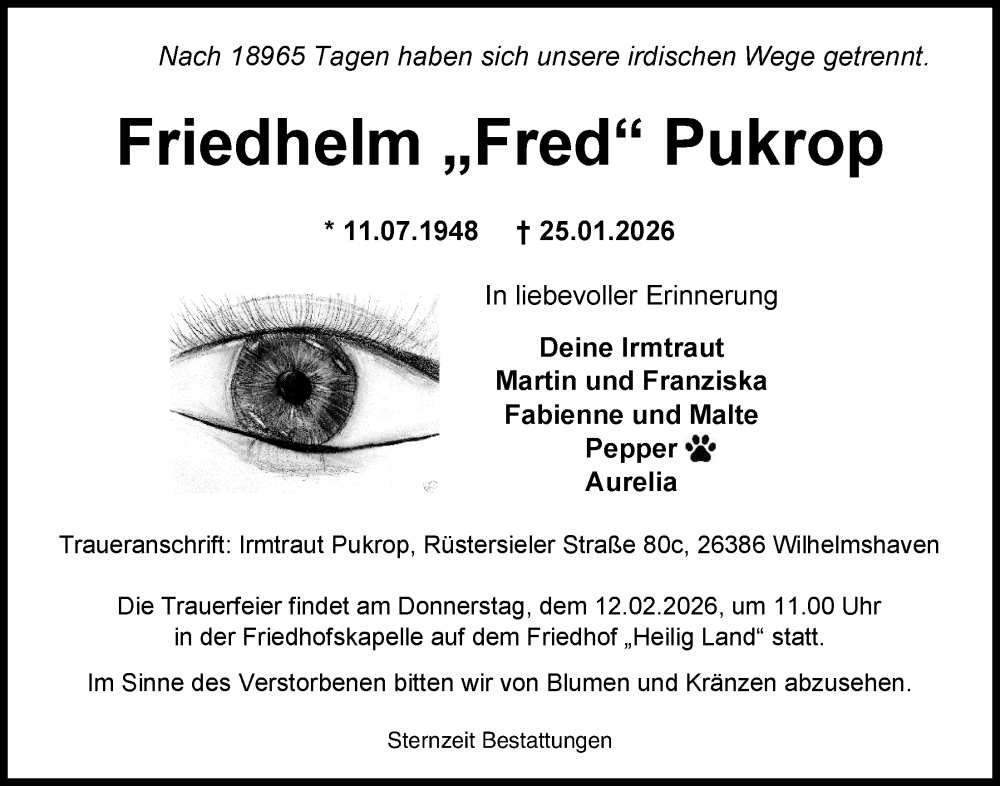  Traueranzeige für Friedhelm Pukrop vom 07.02.2026 aus WZ/JW/AH