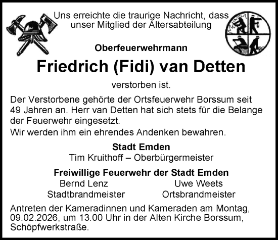 Traueranzeige von Friedrich van Detten von Emder Zeitung