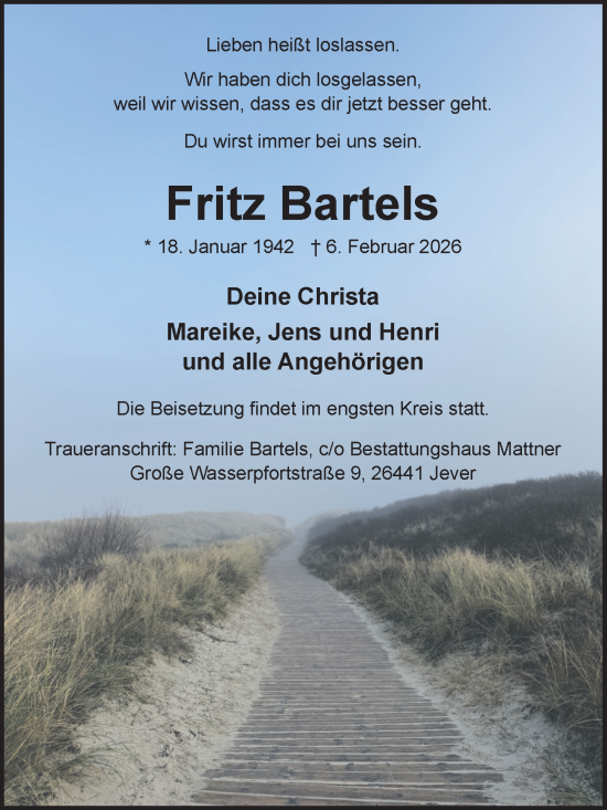 Traueranzeige von Fritz Bartels von WZ/JW/AH