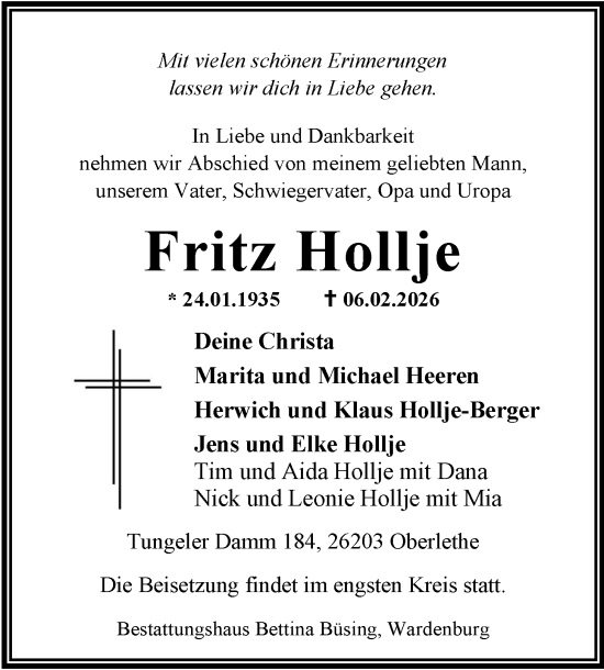 Traueranzeige von Fritz Hollje von Nordwest-Zeitung