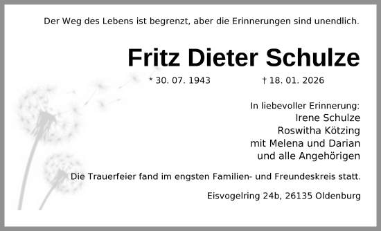 Traueranzeige von Fritz Dieter Schulze von Nordwest-Zeitung