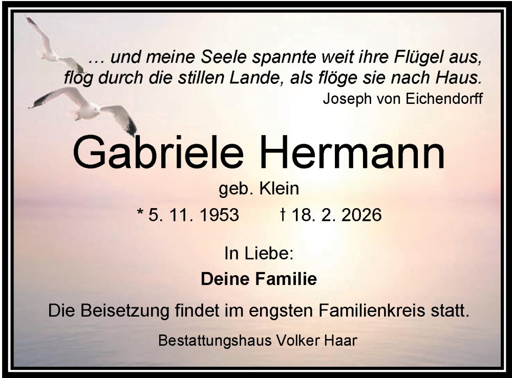  Traueranzeige für Gabriele Hermann vom 21.02.2026 aus WZ/JW/AH