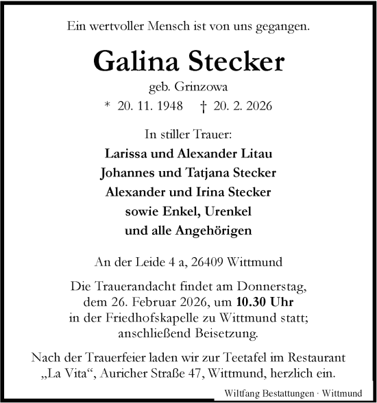 Traueranzeige von Galina Stecker von WZ/JW/AH