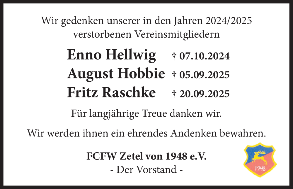  Traueranzeige für Gedenken FCFW Zetel vom 03.02.2026 aus Nordwest-Zeitung