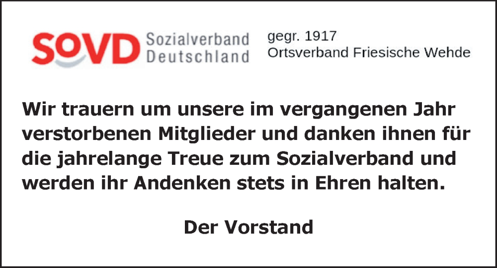  Traueranzeige für Gedenken SOVD vom 07.02.2026 aus Nordwest-Zeitung