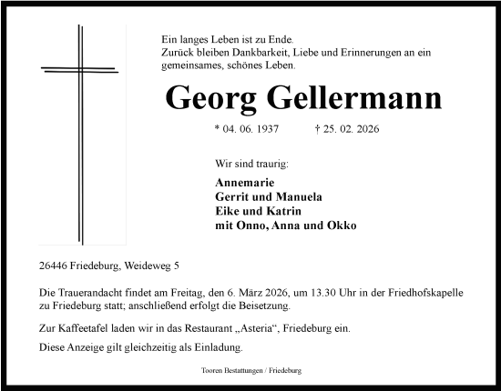 Traueranzeige von Georg Gellermann von WZ/JW/AH