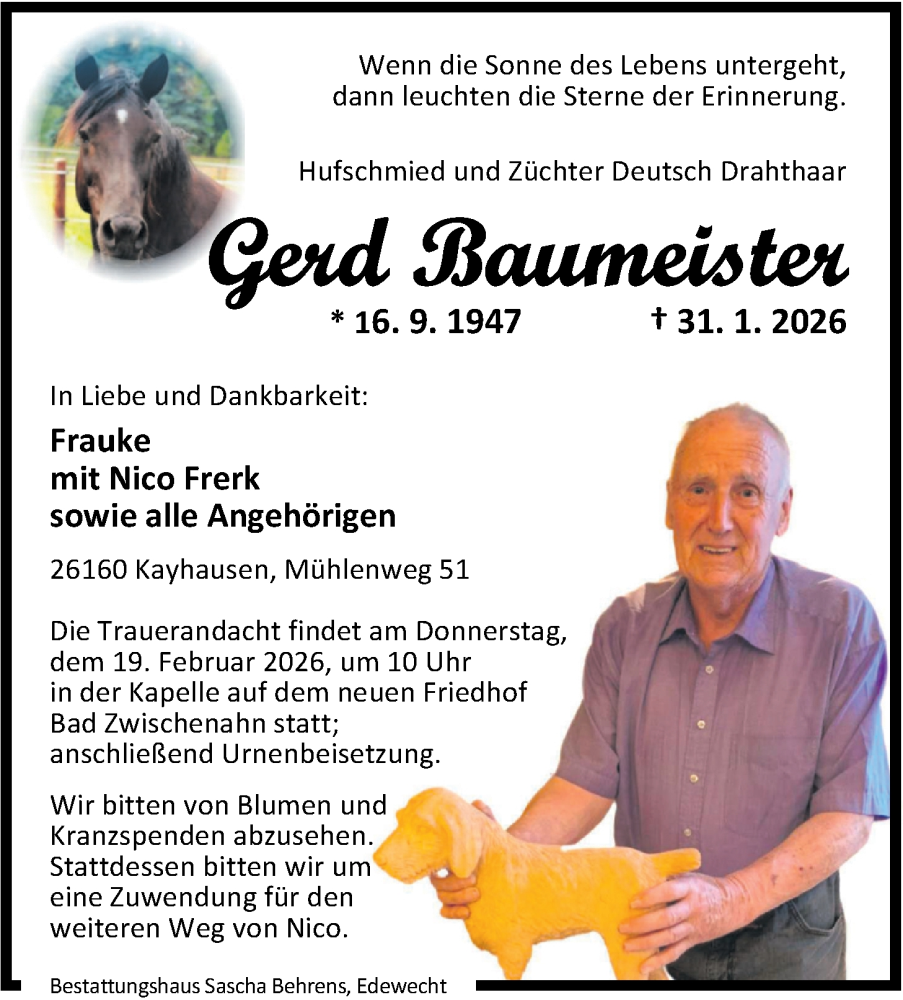  Traueranzeige für Gerd Baumeister vom 07.02.2026 aus Nordwest-Zeitung