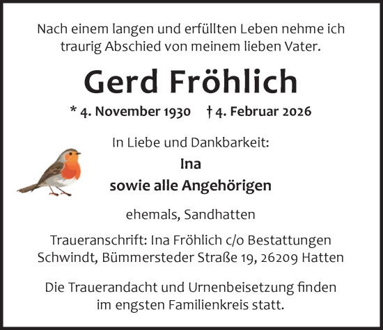 Traueranzeige von Gerd Fröhlich von Nordwest-Zeitung