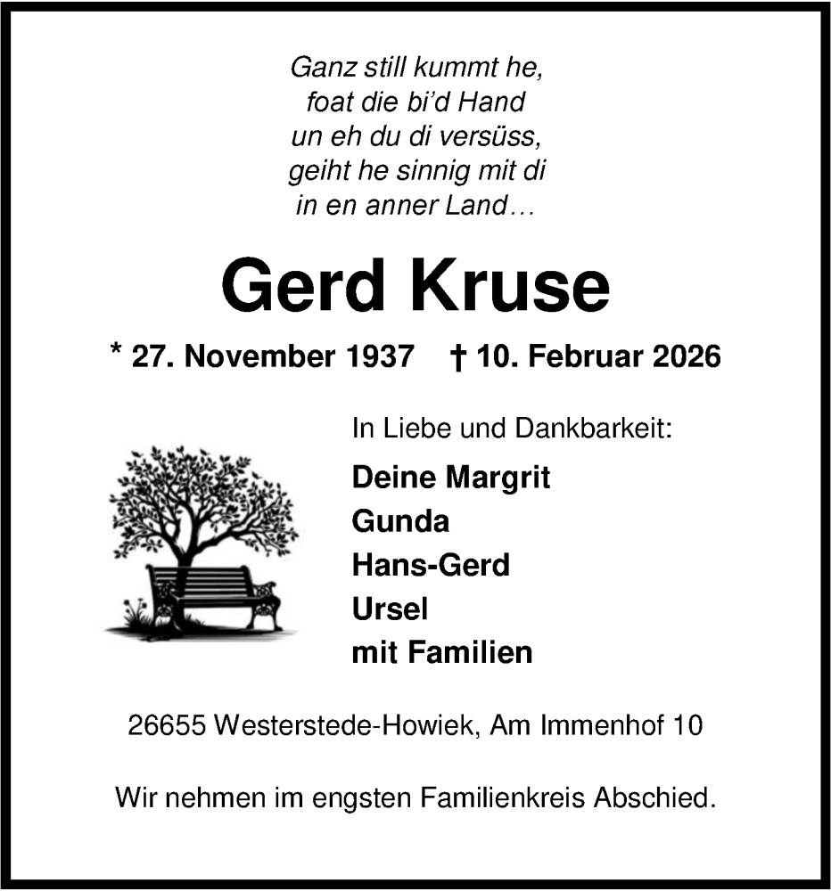  Traueranzeige für Gerd Kruse vom 14.02.2026 aus Nordwest-Zeitung