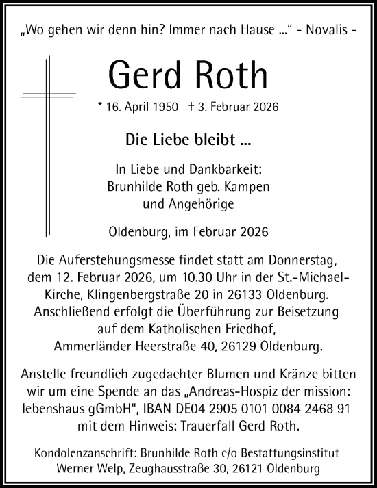 Traueranzeige von Gerd Roth von Nordwest-Zeitung