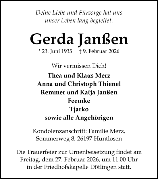 Traueranzeige von Gerda Janßen von Nordwest-Zeitung