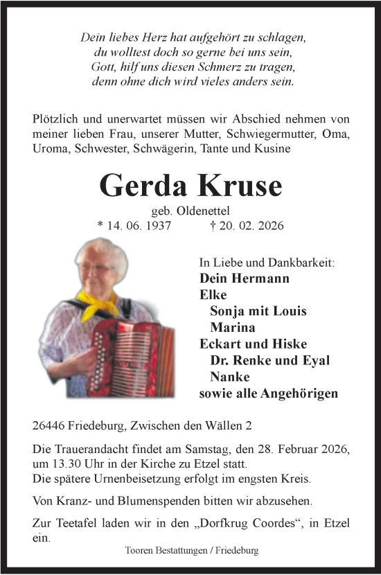 Traueranzeige von Gerda Kruse von WZ/JW/AH