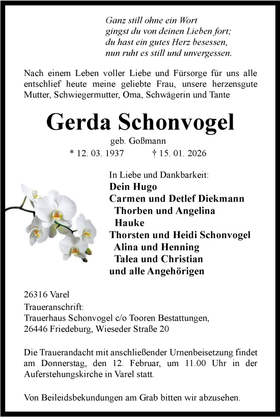 Traueranzeige von Gerda Schonvogel von Nordwest-Zeitung