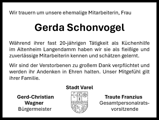 Traueranzeige von Gerda Schonvogel von Nordwest-Zeitung