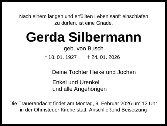 Traueranzeige von Gerda Silbermann von Nordwest-Zeitung