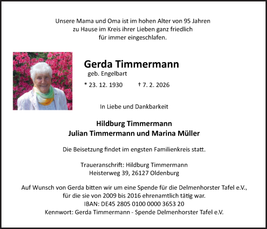 Traueranzeige von Gerda Timmermann von Nordwest-Zeitung