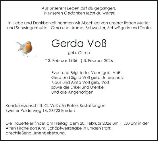 Traueranzeige von Gerda Voß von Emder Zeitung