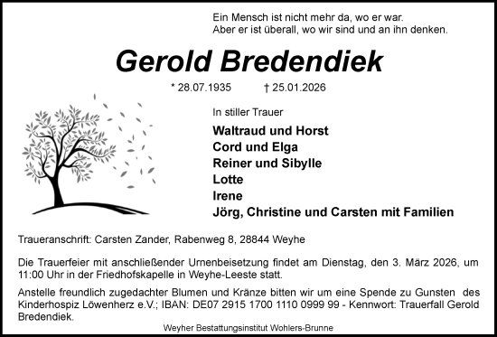 Traueranzeige von Gerold Bredendiek von Nordwest-Zeitung
