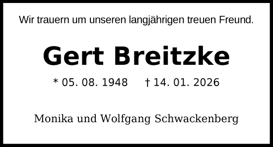 Traueranzeige von Gert Breitzke von Nordwest-Zeitung