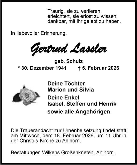 Traueranzeige von Gertrud Lassler von Nordwest-Zeitung