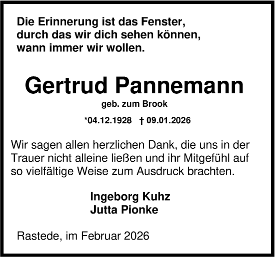 Traueranzeige von Gertrud Pannemann von Nordwest-Zeitung