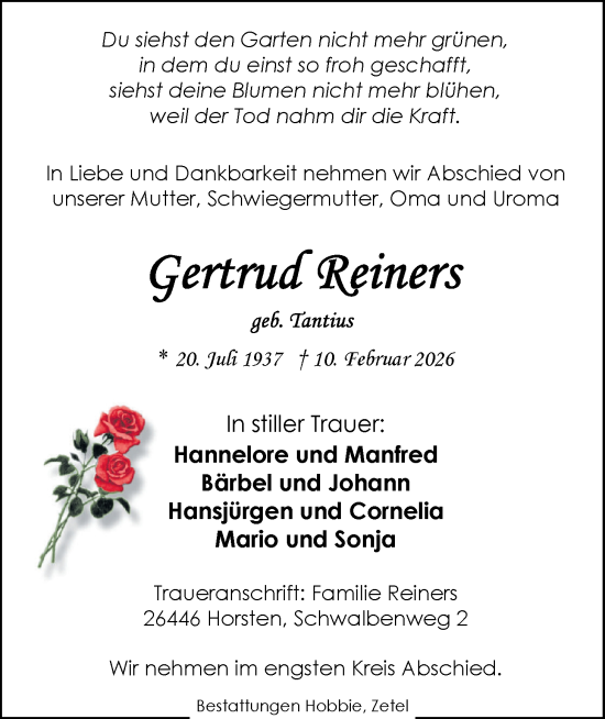 Traueranzeige von Gertrud Reiners von WZ/JW/AH