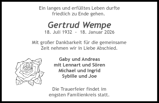 Traueranzeige von Gertrud Wempe von WZ/JW/AH