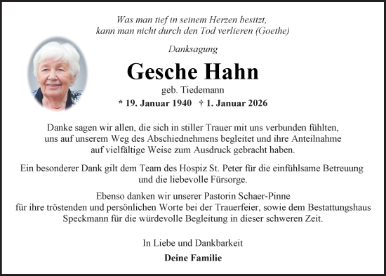 Traueranzeige von Gesche Hahn von Nordwest-Zeitung