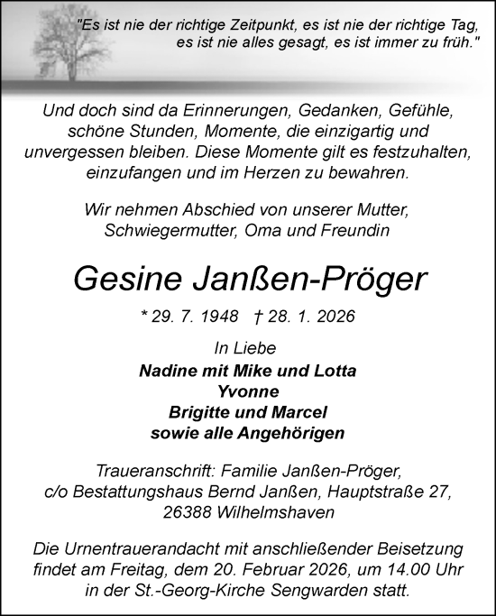 Traueranzeige von Gesine Janßen-Pröger von WZ/JW/AH