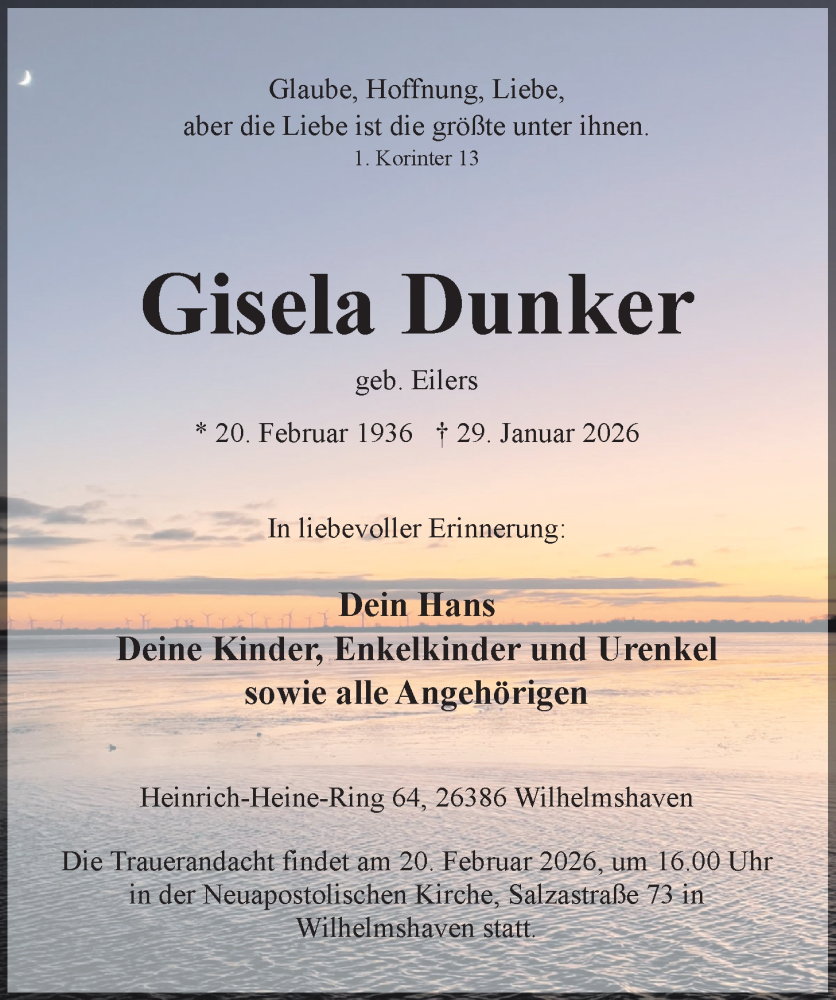 Traueranzeige für Gisela Dunker vom 07.02.2026 aus WZ/JW/AH