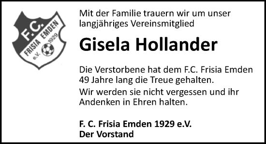 Traueranzeige von Gisela Hollander von Emder Zeitung