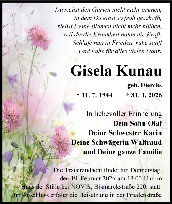 Traueranzeige von Gisela Kunau von WZ/JW/AH