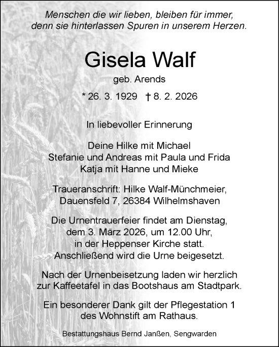Traueranzeige von Gisela Walf von WZ/JW/AH