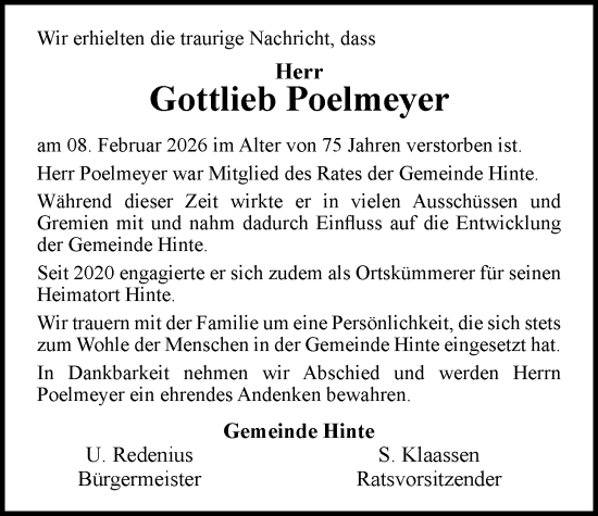 Traueranzeige von Gottlieb Poelmeyer von Emder Zeitung