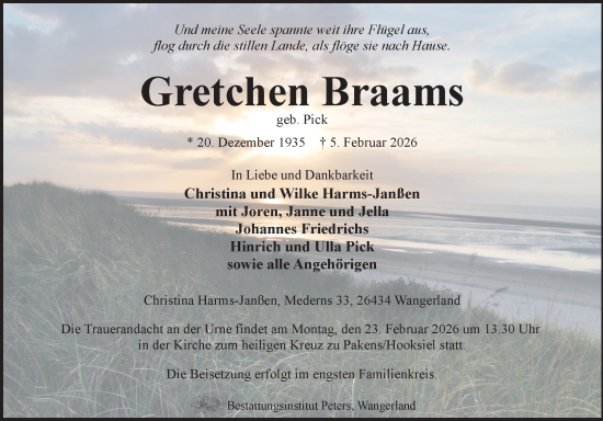 Traueranzeige von Gretchen Braams von WZ/JW/AH