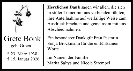 Traueranzeige von Grete Bonk von Nordwest-Zeitung