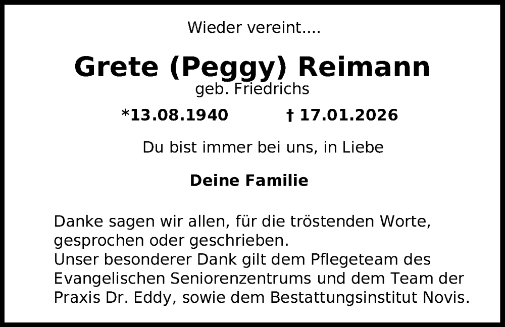  Traueranzeige für Grete Reimann vom 14.02.2026 aus WZ/JW/AH