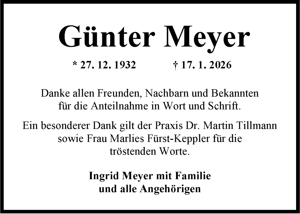  Traueranzeige für Günter Meyer vom 14.02.2026 aus WZ/JW/AH