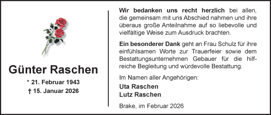Traueranzeige von Günter Raschen von Nordwest-Zeitung