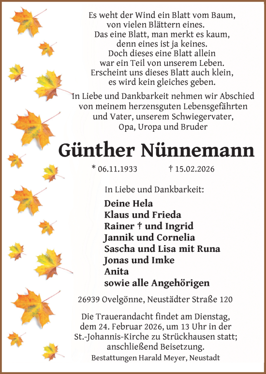 Traueranzeige von Günther Nünnemann von Nordwest-Zeitung