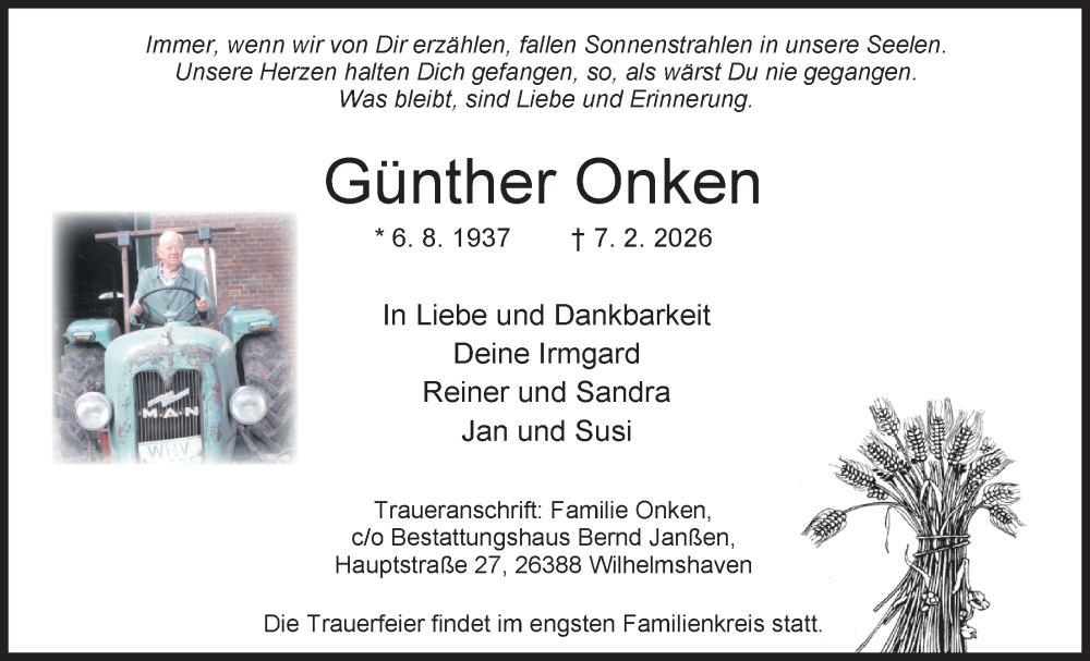  Traueranzeige für Günther Onken vom 14.02.2026 aus WZ/JW/AH